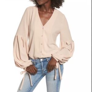 J.O.A. Beige Jersey V-Neck Button Up Tie Cuff Balloon Sleeve Blouse Size S